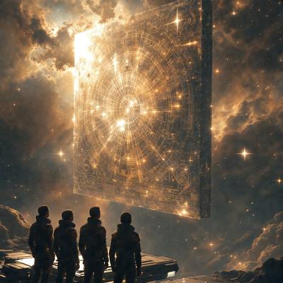 The primary subject of the image is a group of four men standing in front of a large, illuminated structure. The setting appears to be a futuristic environment, possibly a space station or a planet with a unique atmosphere. The visual style of the image is a combination of photo and digital art, creating a striking and captivating scene. The colors and mood of the image are predominantly dark and mysterious, with the illuminated structure and the men's presence adding a sense of intrigue and wonder.